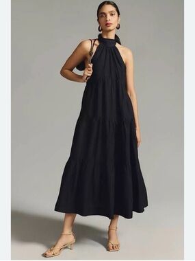 Anthropologie Maeve Black Halter Tiered Maxi Dress